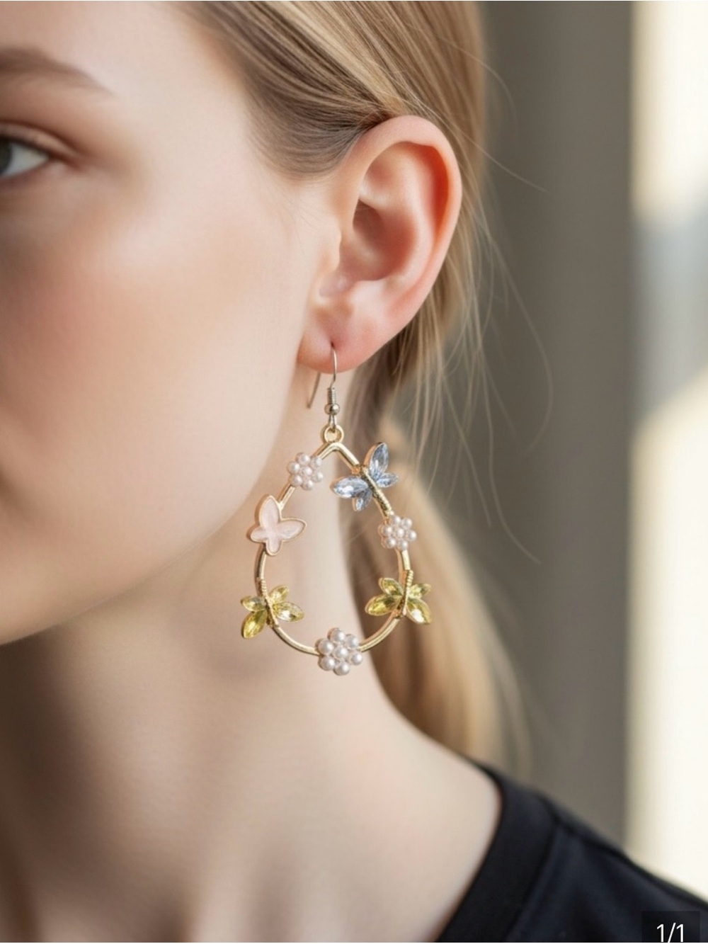 Delicate Gold Hoop Earrings with Pastel Butterflies and Pearls
